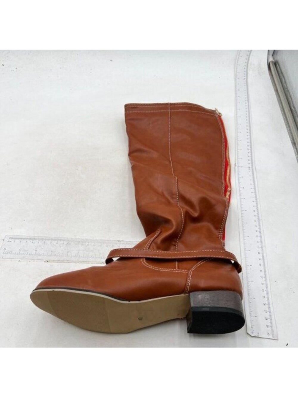 Women's Wide Calf Strap Buckle Knee High Boots Round Toe Pull On Low Heels Brown